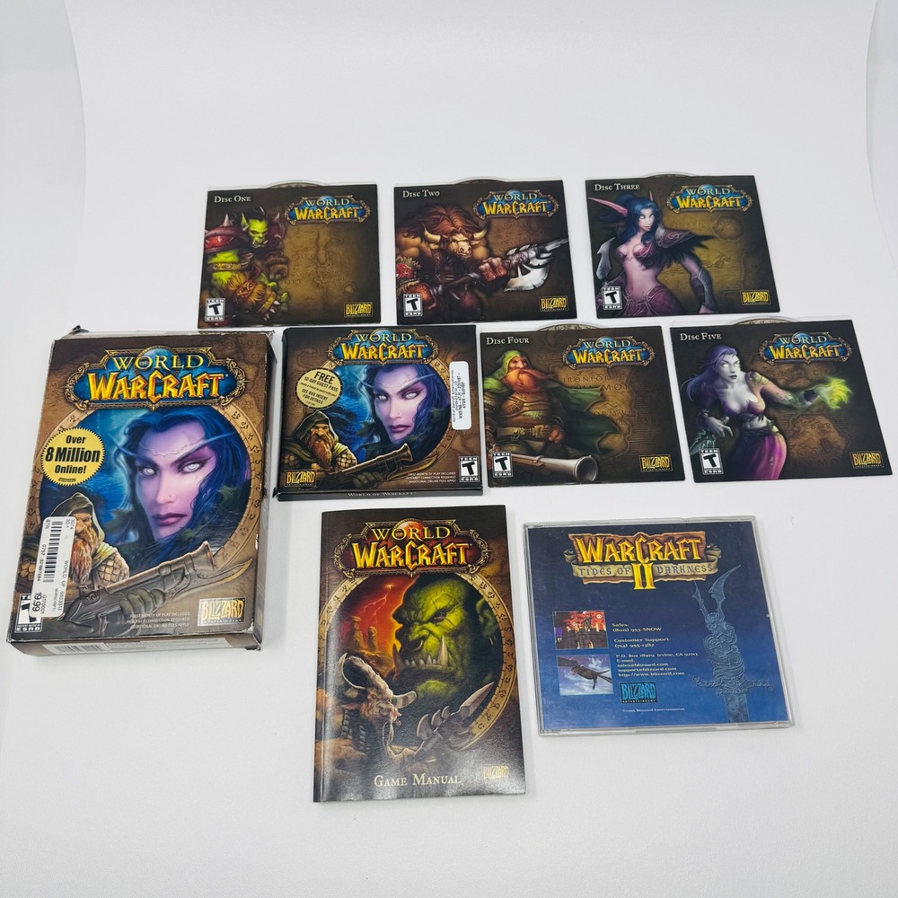 World‎ of Warcraft PC 2004 5-Disc Set with Warcraft II Tides of Darkness MS-DOS